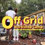 Group attending a tiny house workshop in an outdoor setting.