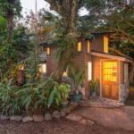Cozy gingerbread-style tiny house surrounded by lush tropical greenery in Hawaii.
