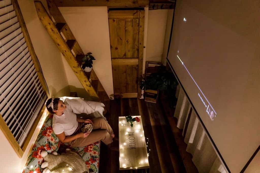 Downstairs living area of the Goa tiny house with a sofa, a projector screen, a barn door to the bathroom, and an open storage staircase to the loft