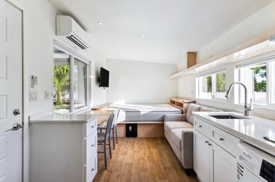 Grove Duplex bedroom area with queen bed and built-in storage solutions