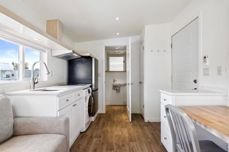 Grove Duplex full bathroom with modern fixtures and ample shelving