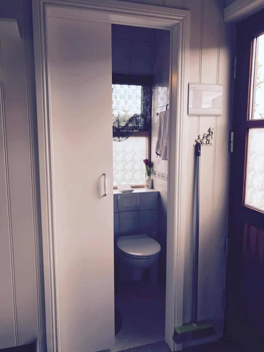 Small Icelandic guesthouse bathroom with toilet and window view.