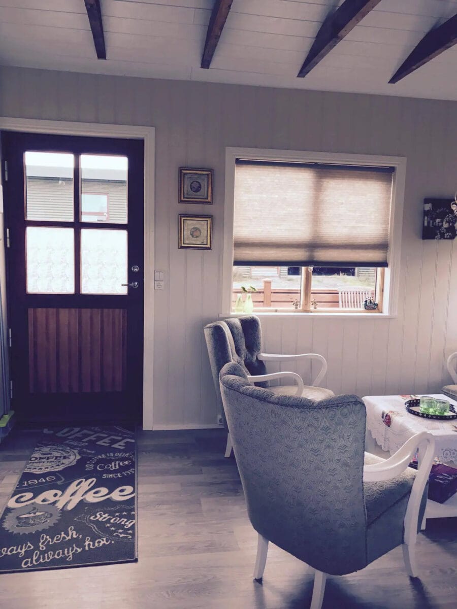 Interior view of a charming Icelandic guesthouse near Selfoss with comfortable seating and natural l.