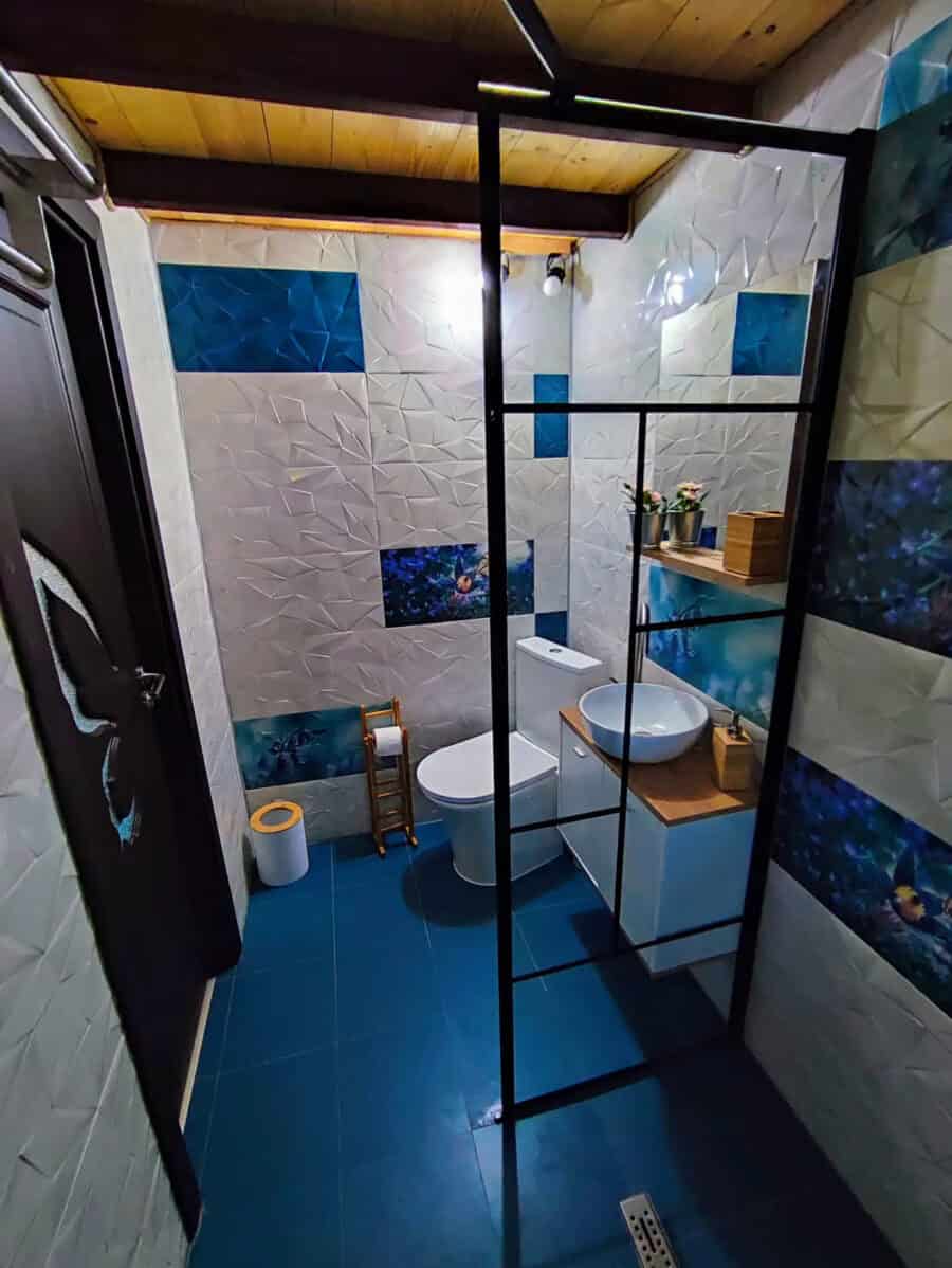 Bathroom in a tiny house with blue and white textured tiles, compact fixtures, and modern decor.