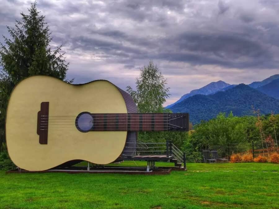 Unique guitar-shaped tiny house with mountain views in Romania.