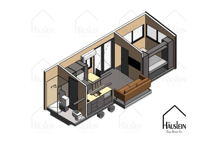 Interior layout of the Luna Tiny House on Wheels by Hauslein in Australia.