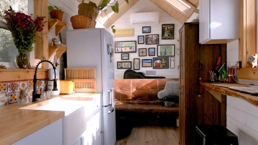 Cozy tiny house interior with compact kitchen and living space in Los Angeles.