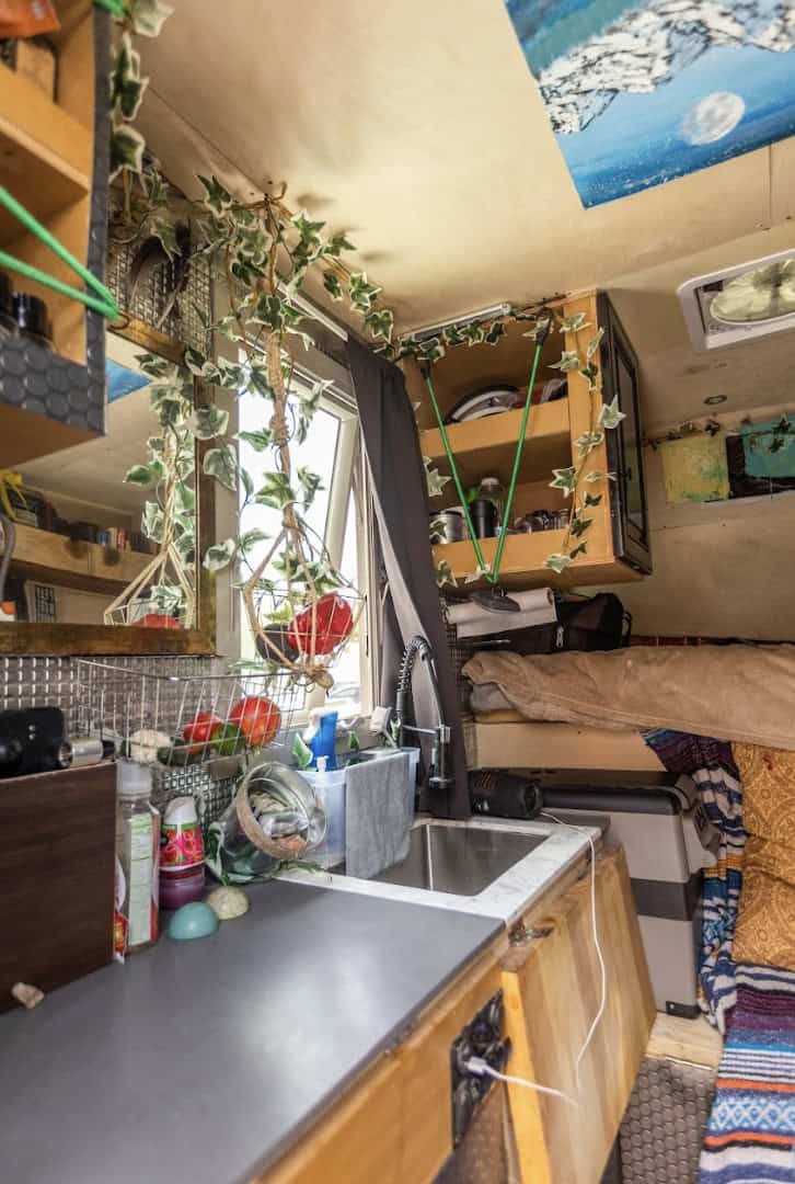 Compact tiny house kitchen with lush plants and natural light.