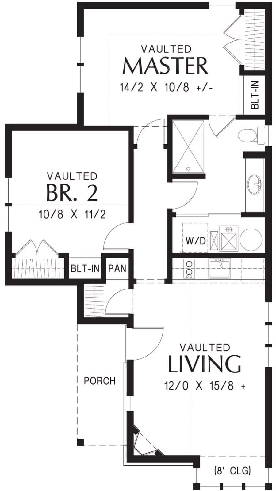Floor plan of the Hollis tiny house with 782 sq. ft, featuring vaulted ceilings and efficient layout.