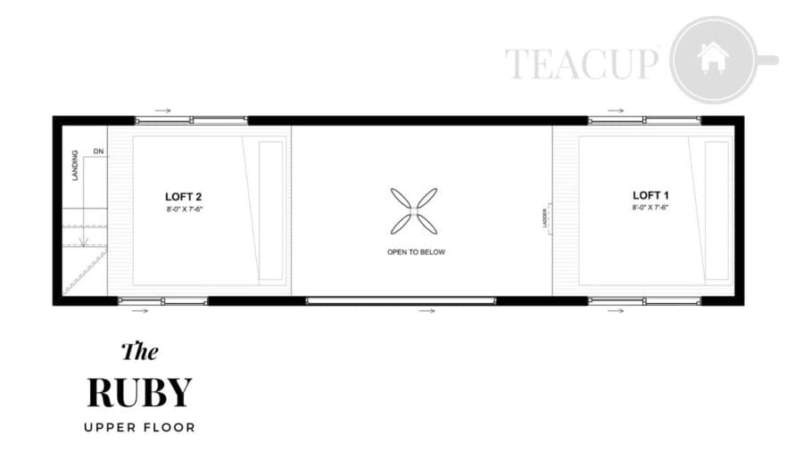 Floor plan of a 30 ft. modern tiny house on wheels with two lofts and open space.