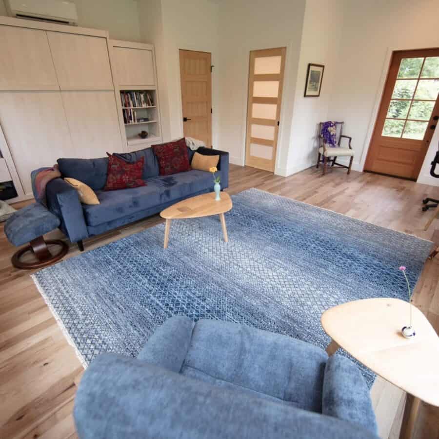 Cozy interior of a nanostead ADU cabin in North Carolina with modern furnishings.