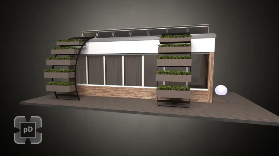Rendering of a pod design with large windows and planters on the ends