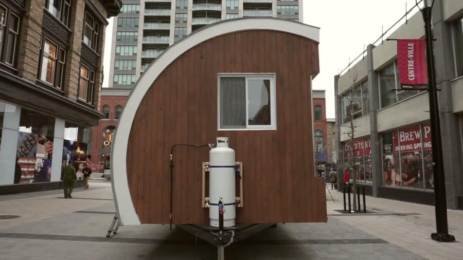 Rear of the Innovation Pod showing its curved wall and propane tank