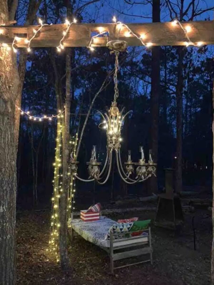 Firehouse Tiny House with string lights at Lake Oconee, Georgia, showcasing small space living.