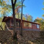 Tiny house with large windows in a wooded lakeside setting.