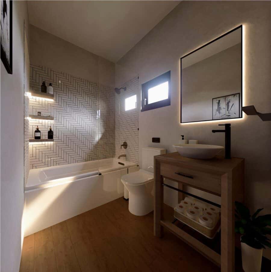 Modern tiny house bathroom with sleek fixtures and natural light.