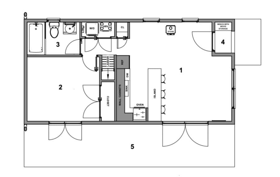 Compact tiny house with 1 bedroom and loft for efficient living.
