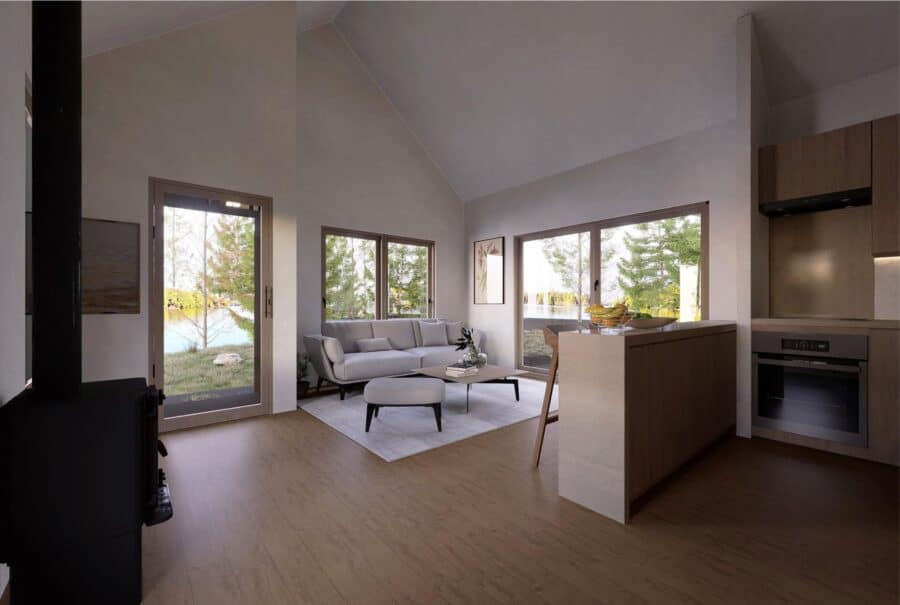 Bright and airy small house living space with large windows and modern decor.
