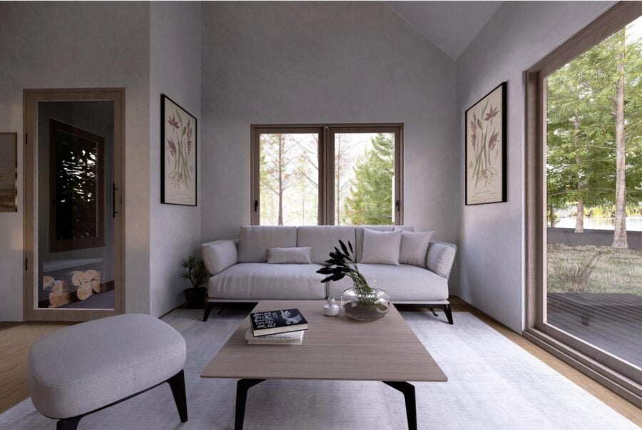 Bright, minimalist tiny house interior with large windows and modern decor.