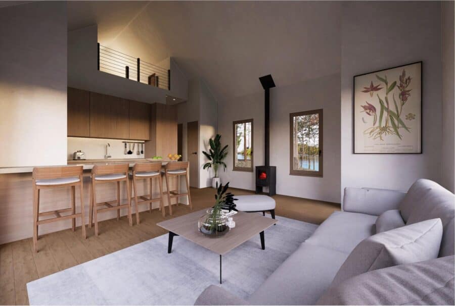 Bright, open living space with modern furniture and large windows.