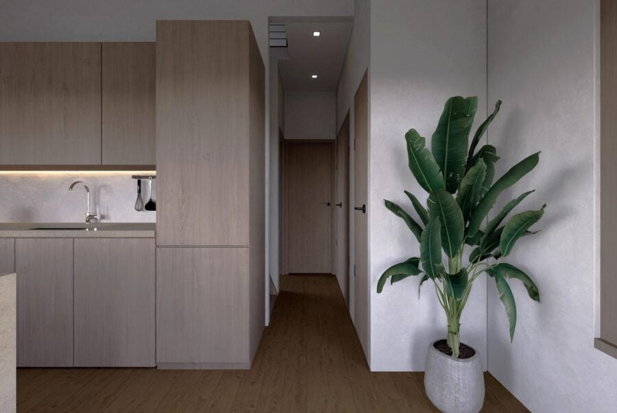 Modern tiny house interior with minimalist design and natural wood finishes.