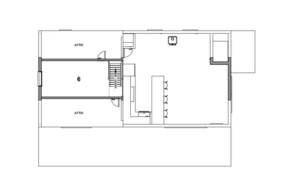 Floor plan of a compact tiny house with a bedroom, loft, and attic storage space.