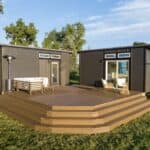 Modern tiny house combo with spacious deck and outdoor seating.