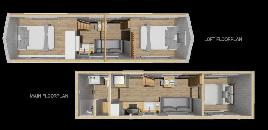 Interior layout of a 30 ft. modern farmhouse tiny house with loft and main living areas.