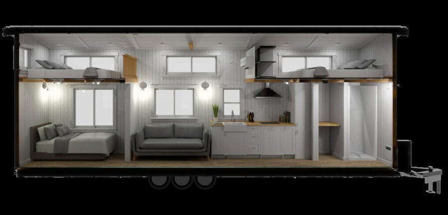 Interior view of a modern farmhouse tiny house with loft and open living space.