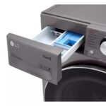 LG ThinQ washing machine with convenient drawer for detergent storage.