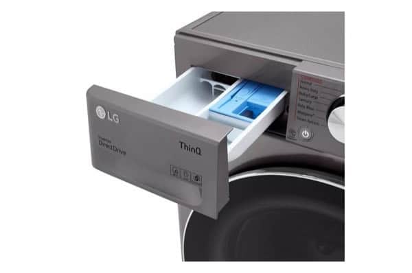 LG ThinQ washing machine with convenient drawer for detergent storage.