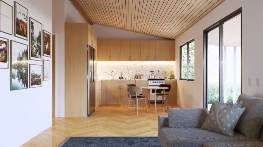 Modern tiny house interior with open kitchen and cozy living area, bright natural light, and minimal.