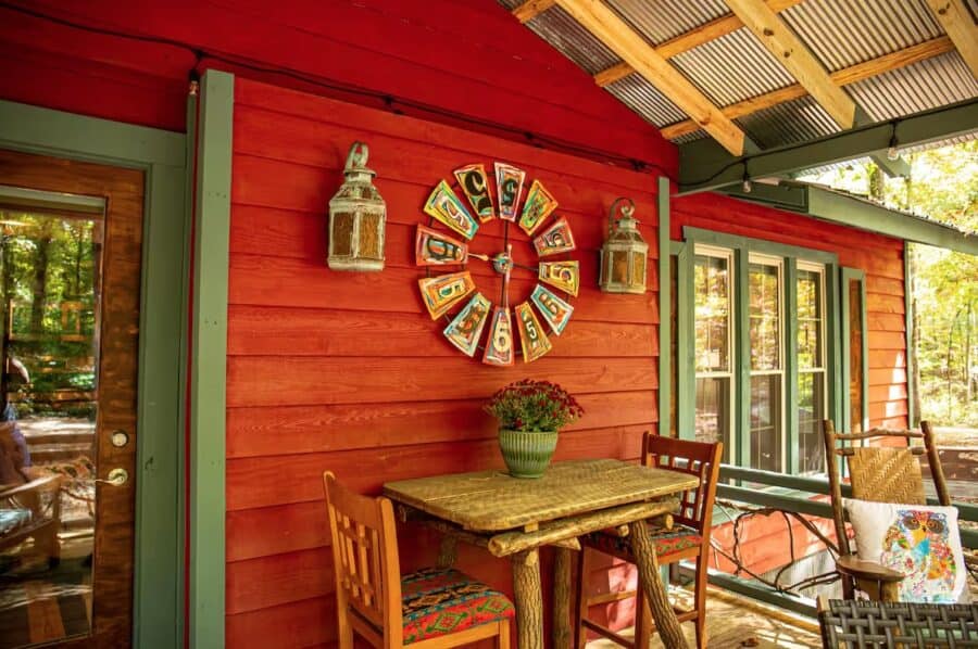 Charming cabin in the woods of Mentone, Alabama, showcasing rustic design and small space living.