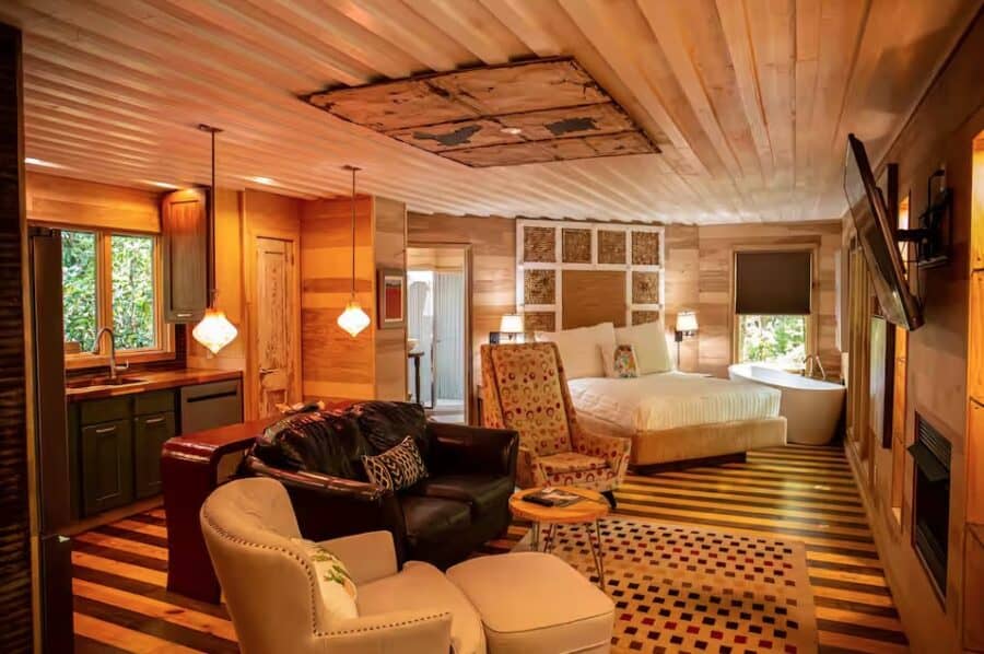 Beautiful tiny house interior with rustic wood accents and cozy furnishings.