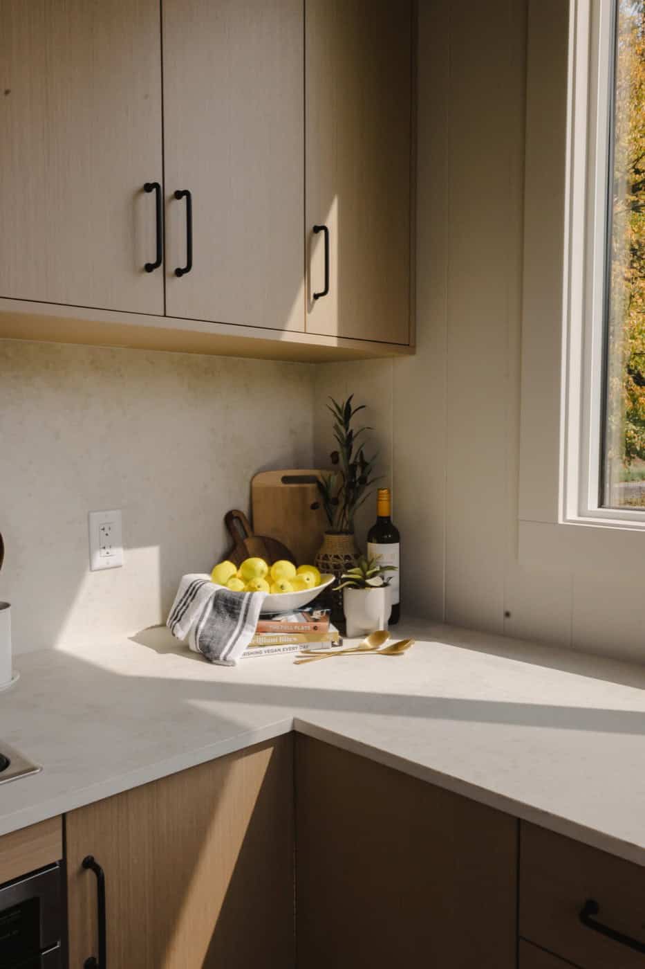 Champagne kitchen cabinets and cream solid-surface countertops in the Mint Ventura park model