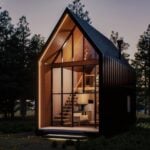 Charming modern tiny cabin featuring expansive glass walls, perfect for small space living and outdo.