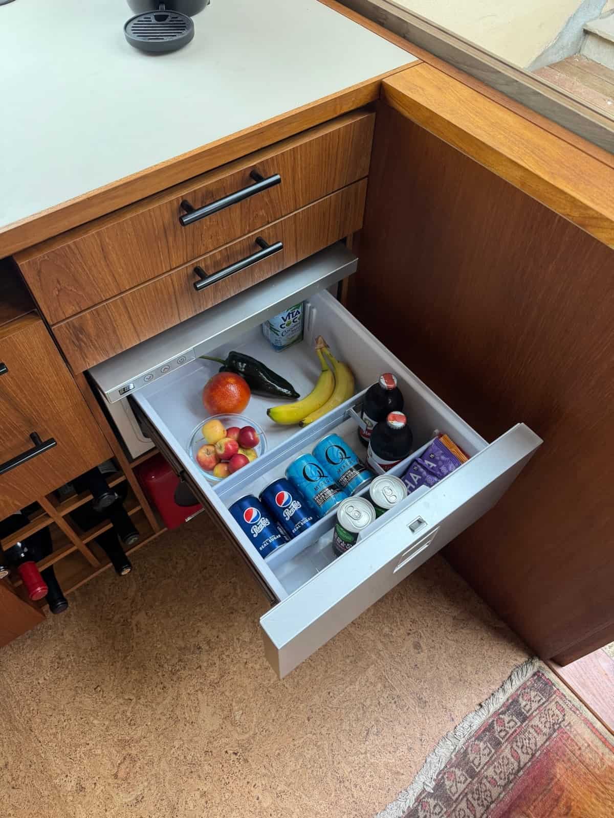 Isotherm marine refrigerator drawer stocked with produce and drinks