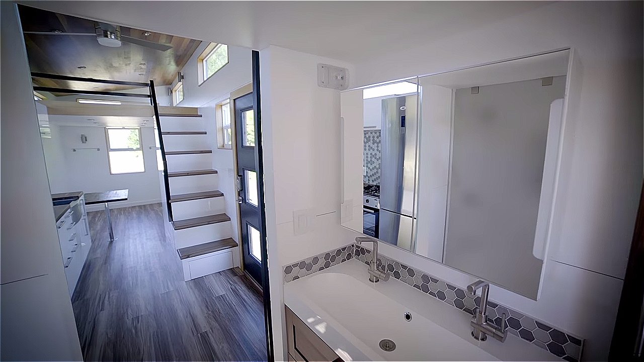 Modern THOW with dual sinks in the bathroom