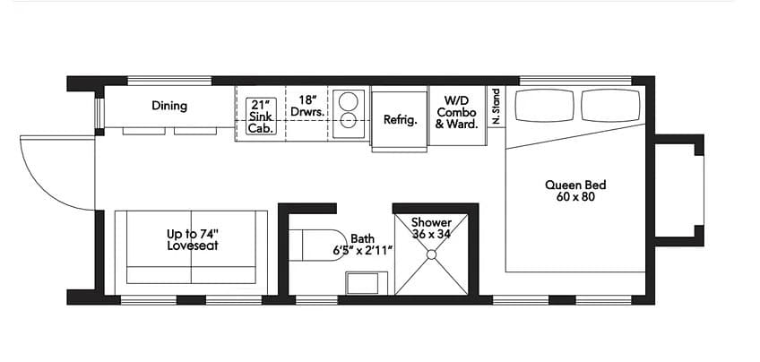 Interior layout of a Jojo Bean tiny home by Movable Roots, featuring a queen bed and efficient desig.