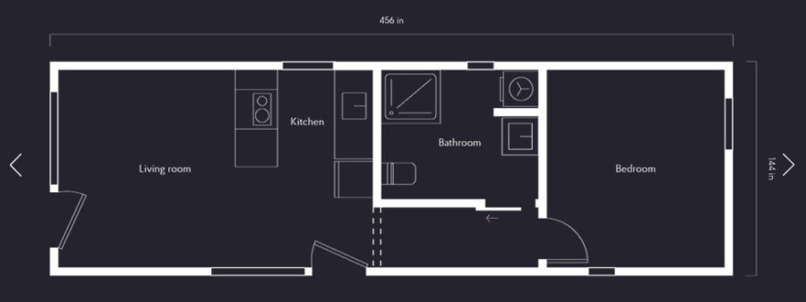 Interior layout of a tiny house with living, kitchen, bathroom, and bedroom spaces.