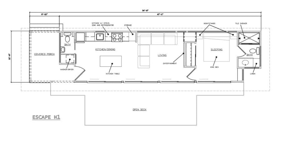 Compact tiny house floor plan with modern design and efficient use of space.