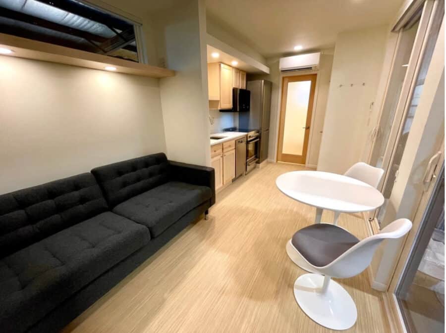 Living room with mid-century modern couch and decor