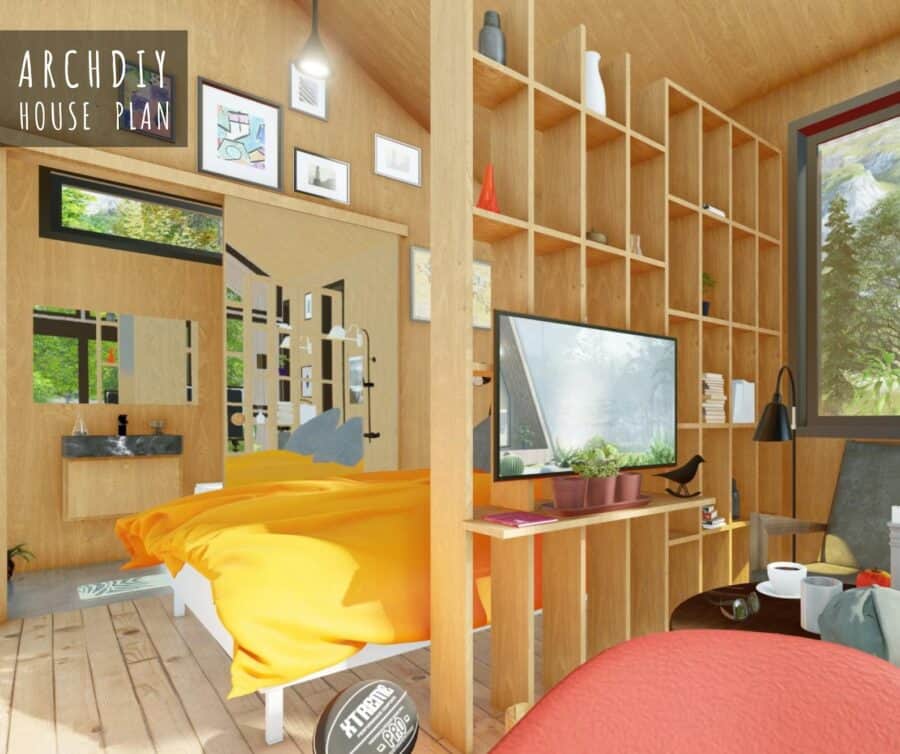 Nordic style tiny house interior with modern cabin plans and open shelving.