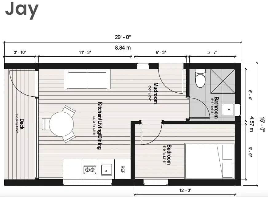 Efficient tiny house layout with kitchen, bedroom, and bathroom for small space living.