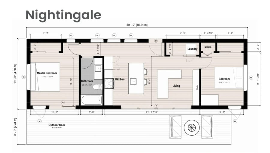 Compact tiny house floor plan with master bedroom, guest bedroom, kitchen, and outdoor deck.