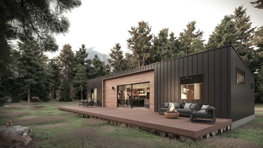 Modern prefab pod home with sleek black exterior and spacious deck by ORCA.