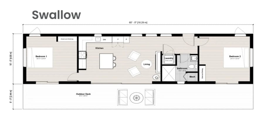 Compact prefab pod home with modern design and efficient use of space.