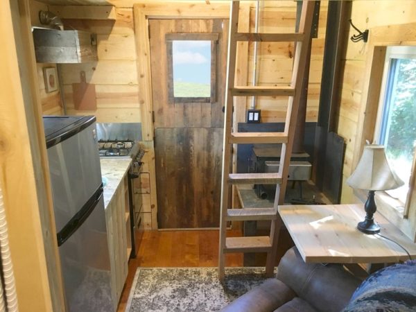 Off-Grid Tiny House with Dutch Doors Interior Kitchen Dining and Living Area