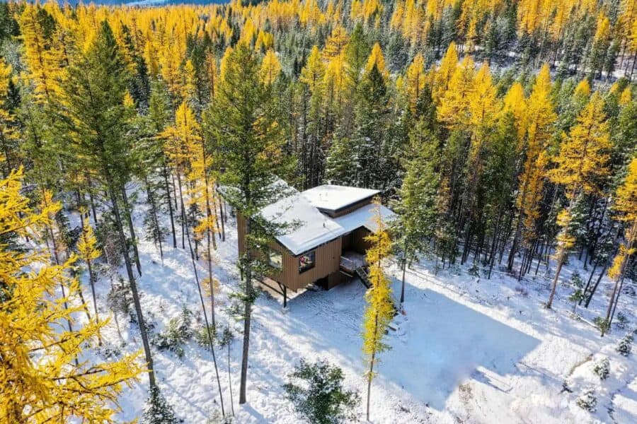Secluded off-grid cabin on stilts surrounded by snow-covered trees on 10 acres. Perfect for nature l.