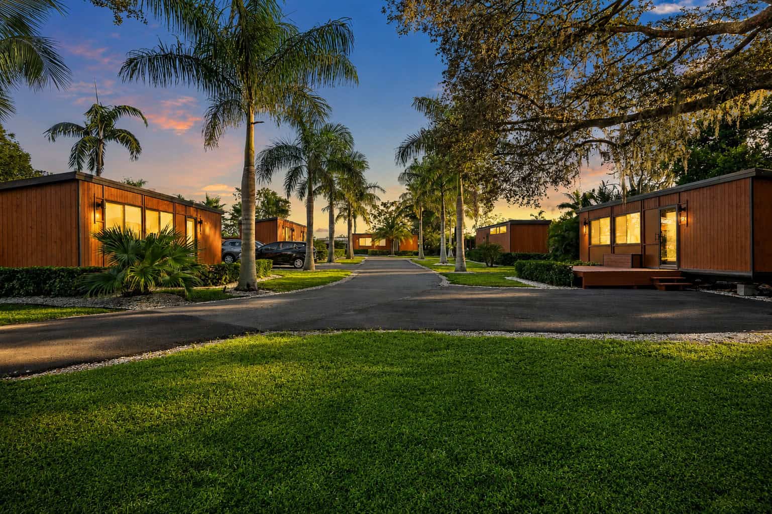 Aerial view of the Palm Court neighborhood at Escape Tampa Bay tiny house community